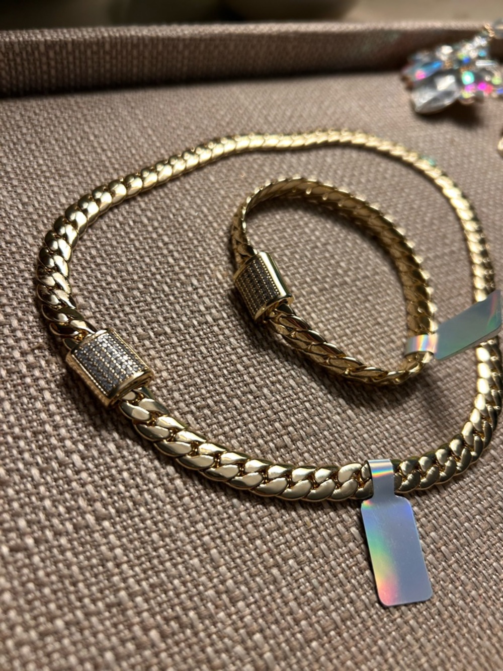 Gold-Tone Link Necklace & Bracelet Set with Pave Accent